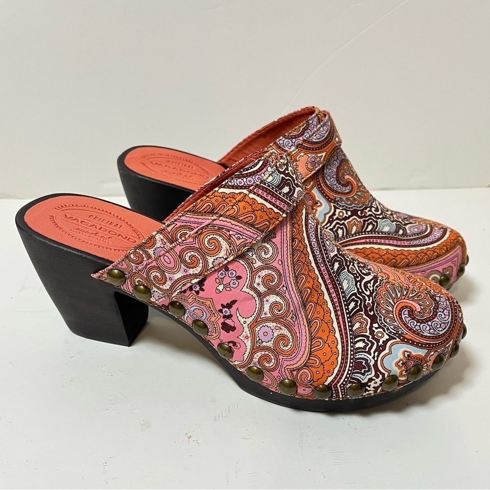 Vagabond Orange Paisley Studded Mules Clog Shoes US 6